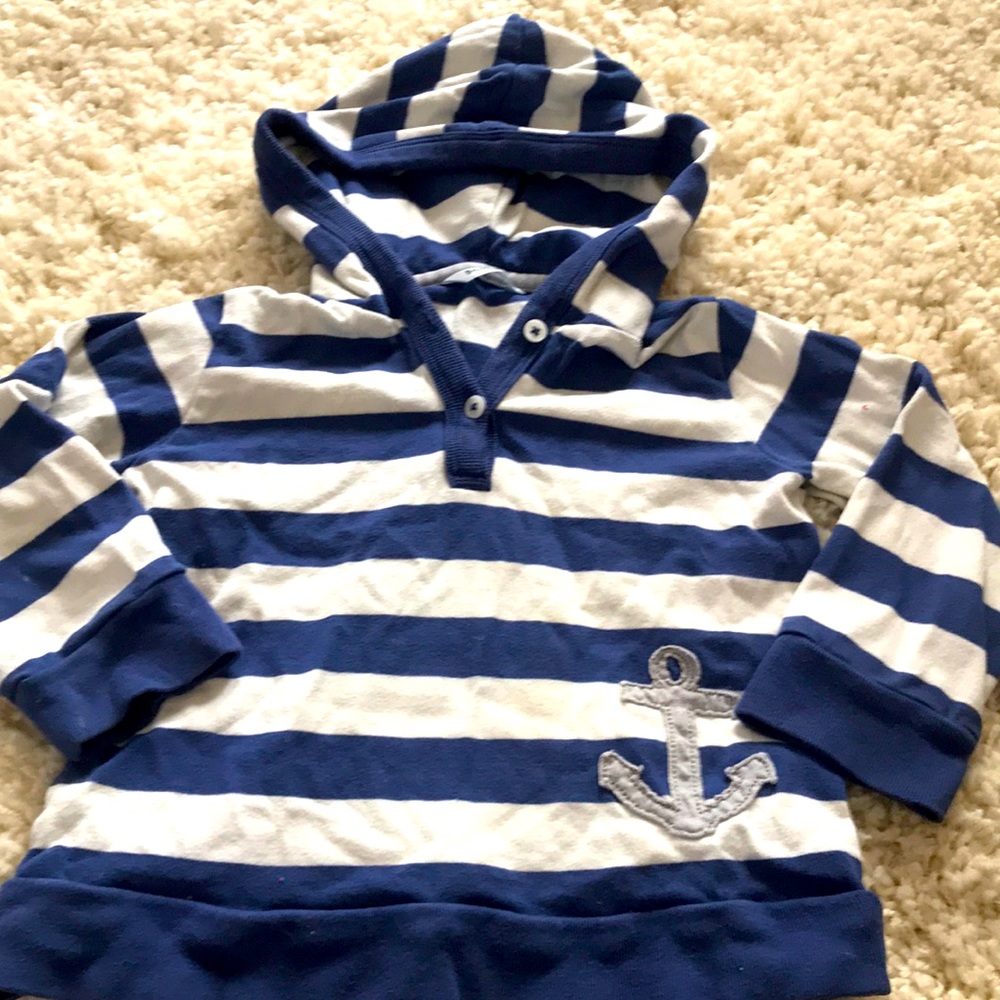 Mini Boden Blue and White Striped Hooded Sweatshirt with Anchor